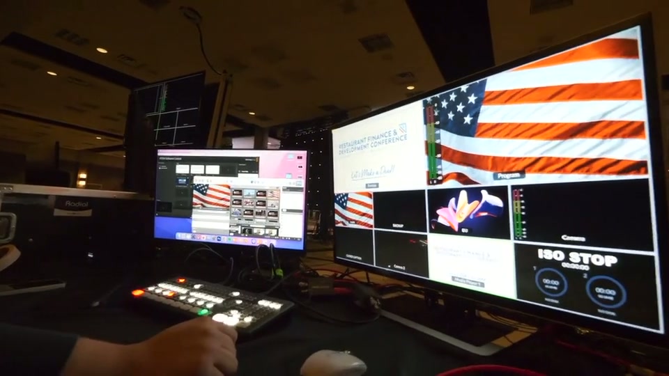 Video village with operators running multiviewer monitors and a switcher