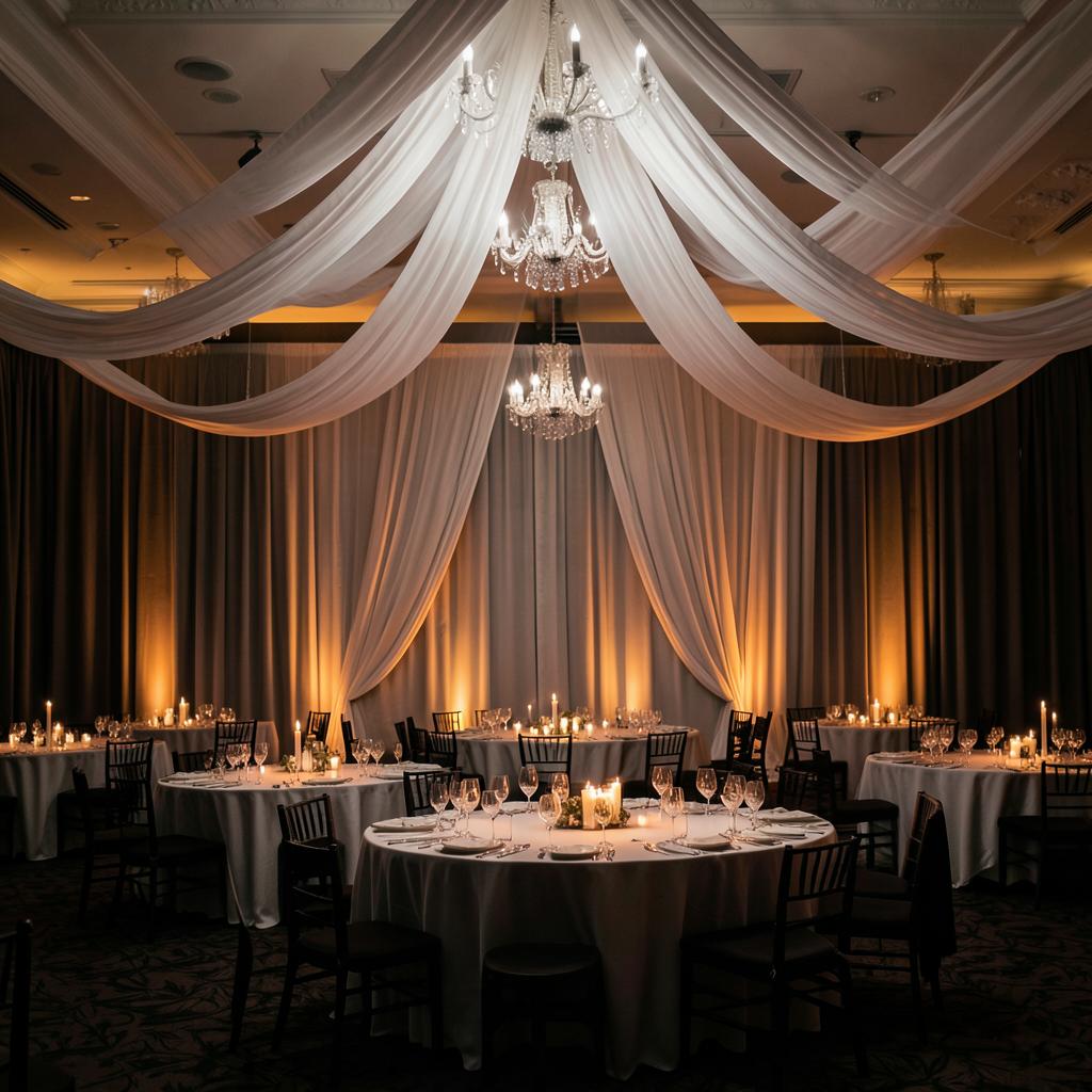 White sheer ceiling draping over a candlelit corporate gala dinner with warm amber uplighting