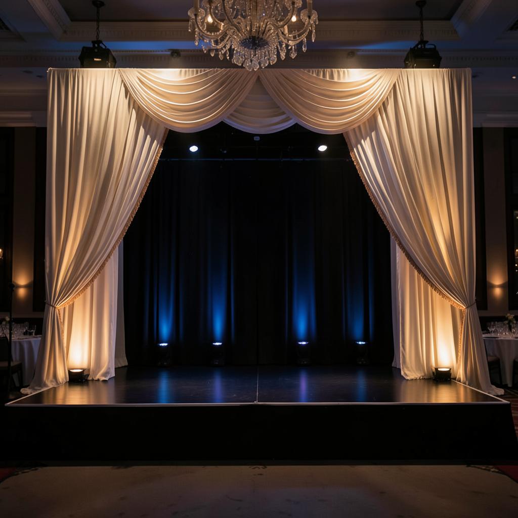 Corporate gala stage framed by champagne velour draping with warm amber uplighting