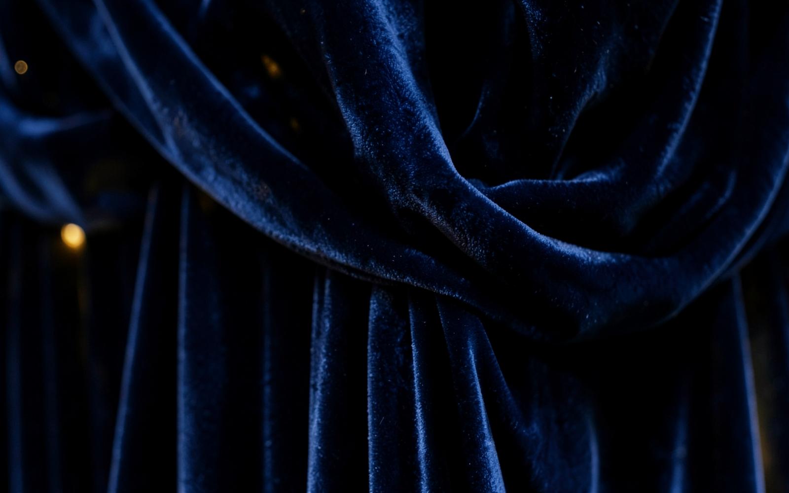 Deep navy velvet drapery with gathered swags and gold uplighting detail