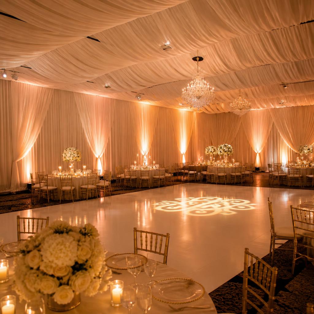 Ballroom fully wrapped in white draping with amber uplighting and a white dance floor with monogram projection
