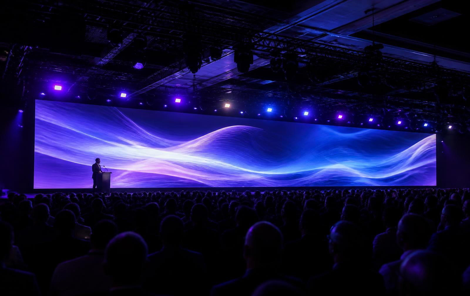 Corporate keynote with an ultra-wide LED wall showing abstract blue and violet motion graphics behind a presenter at a podium