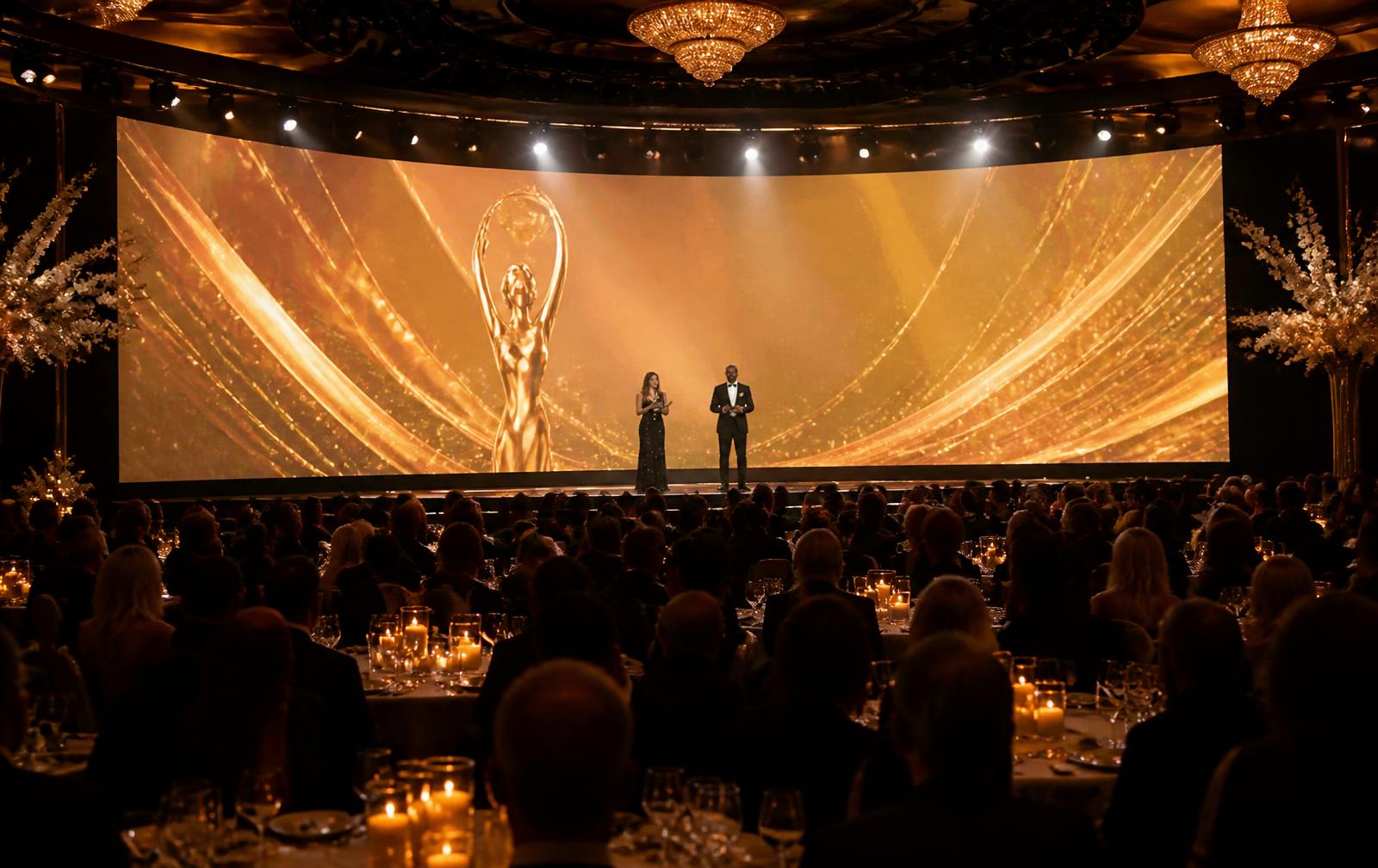Gala awards dinner with a curved golden LED wall backdrop, banquet tables and award presenters on stage